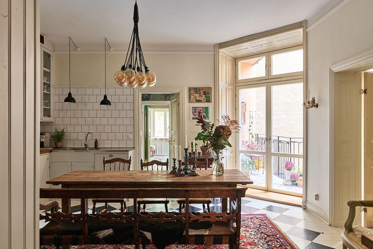 rustic-wooden-dining-table-kitchen-checkerboard-floor