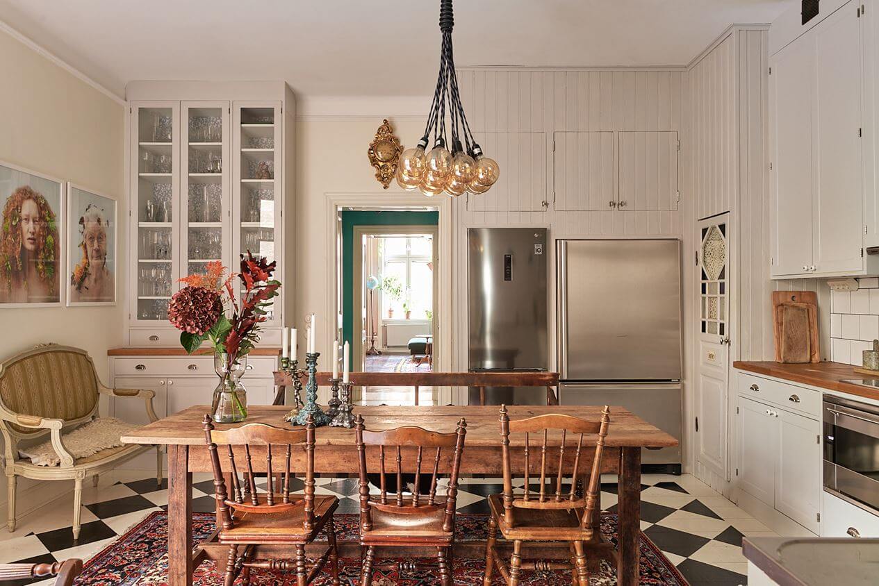 rustic-wooden-table-kitchen-checkerboard-floor