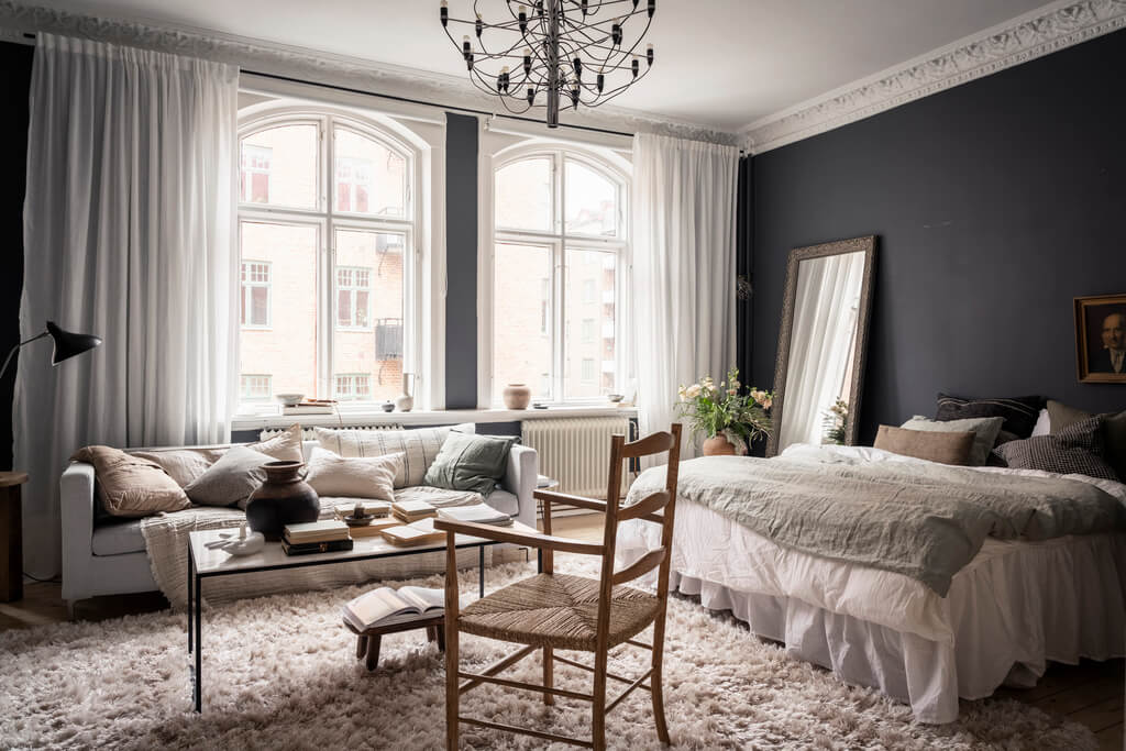 scandinavian studio apartment black walls