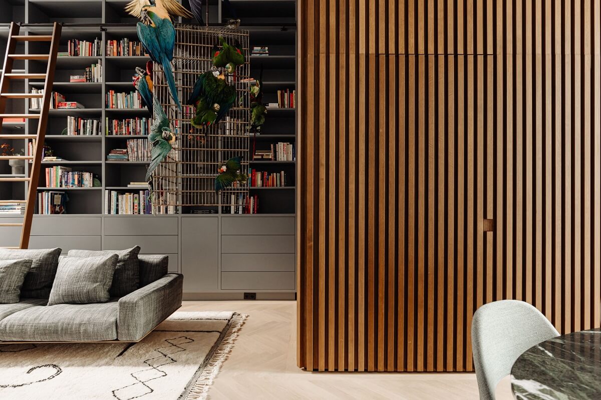 wooden accent wall bookcases living room