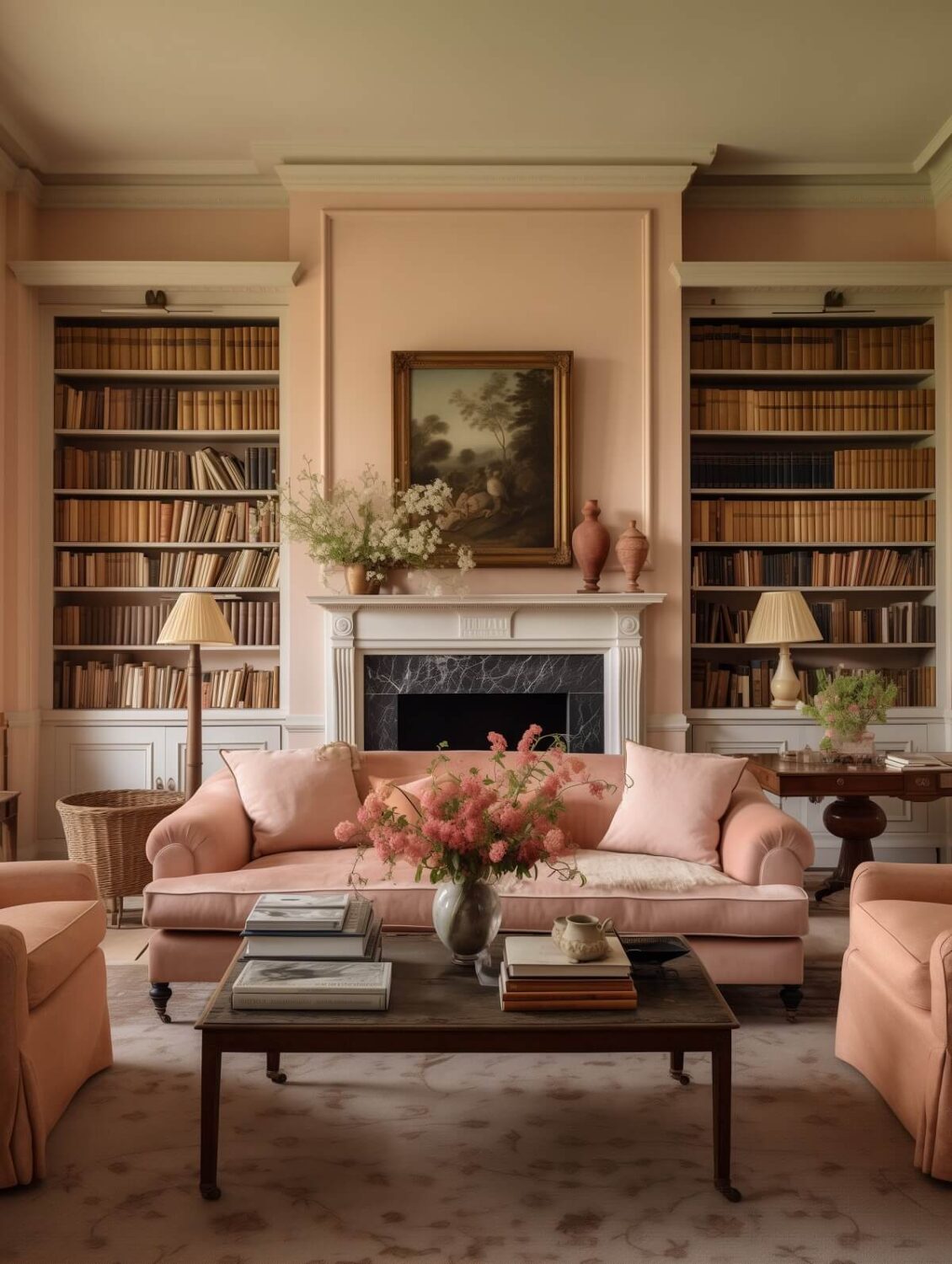 classic living room peach walls bookshelves pantone color of the year 2024 nordroom