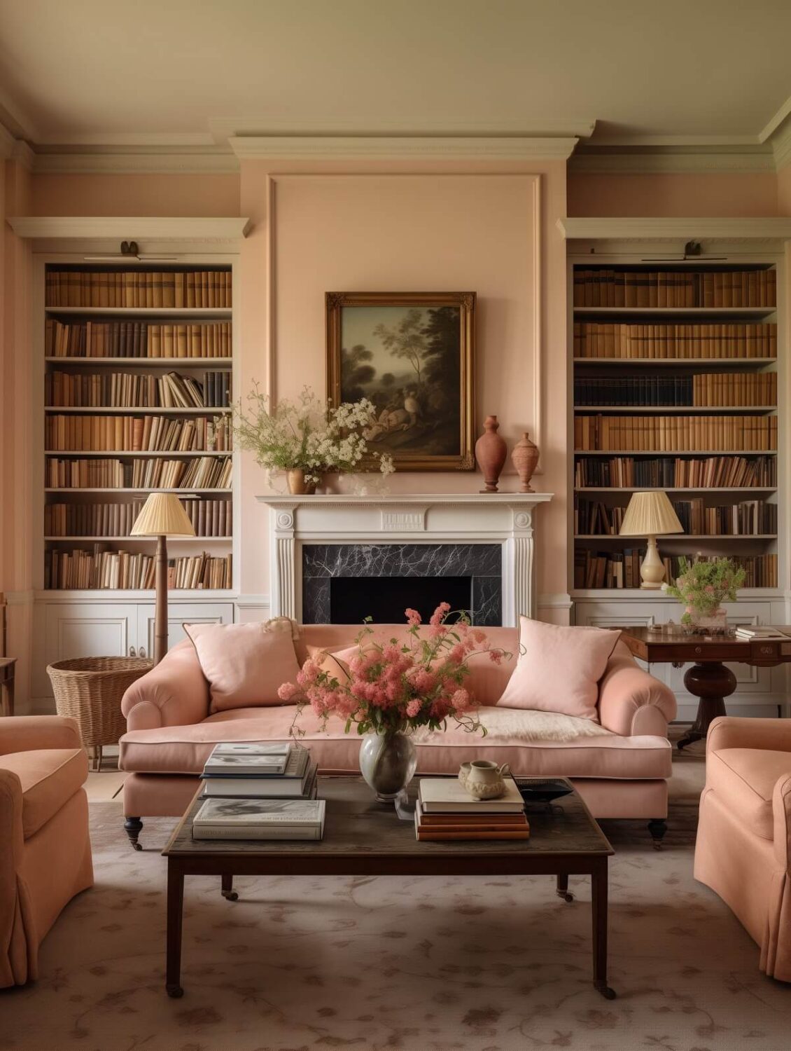 Classic Living Room Peach Walls BookShelves Pantone Color of the Year 2024 Nordroom