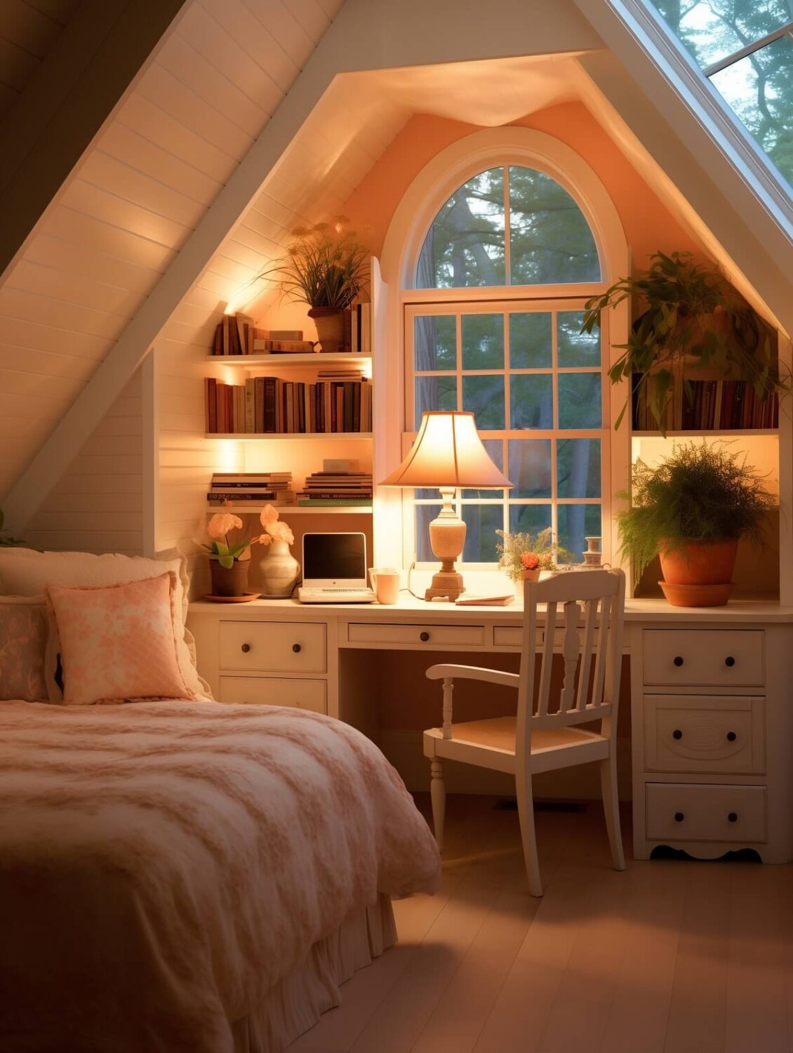 cottage bedroom pitched ceiling desk under window peach wall pantone color of the year nordroom