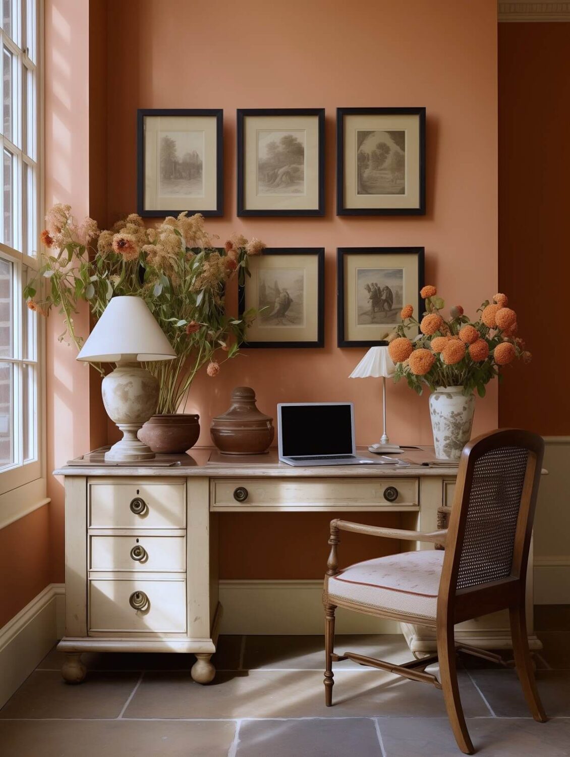 Home Office Peach Walls Flowers Nordroom