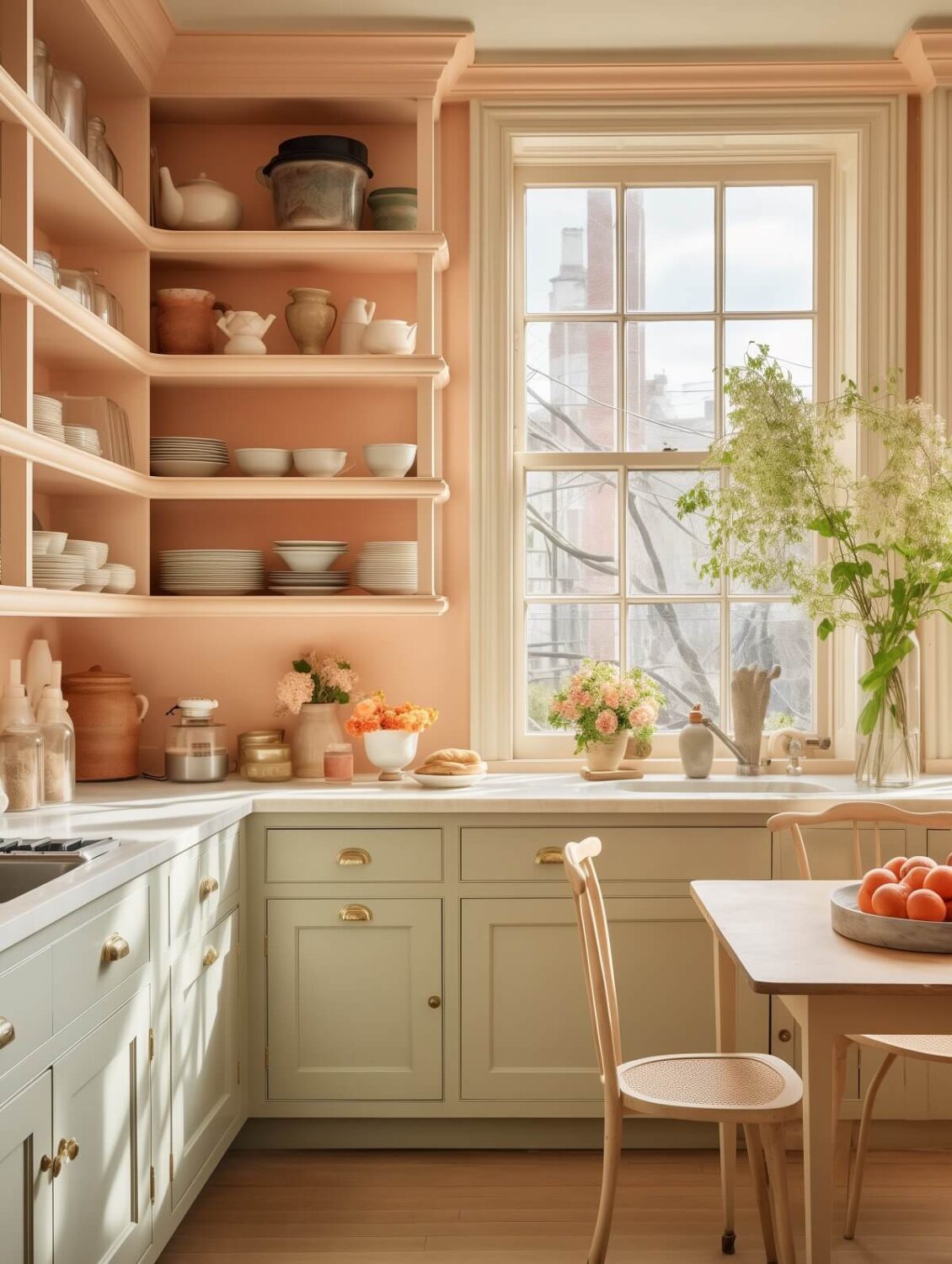 Kitchen with Peach Walls and Open Cabinets Nordroom