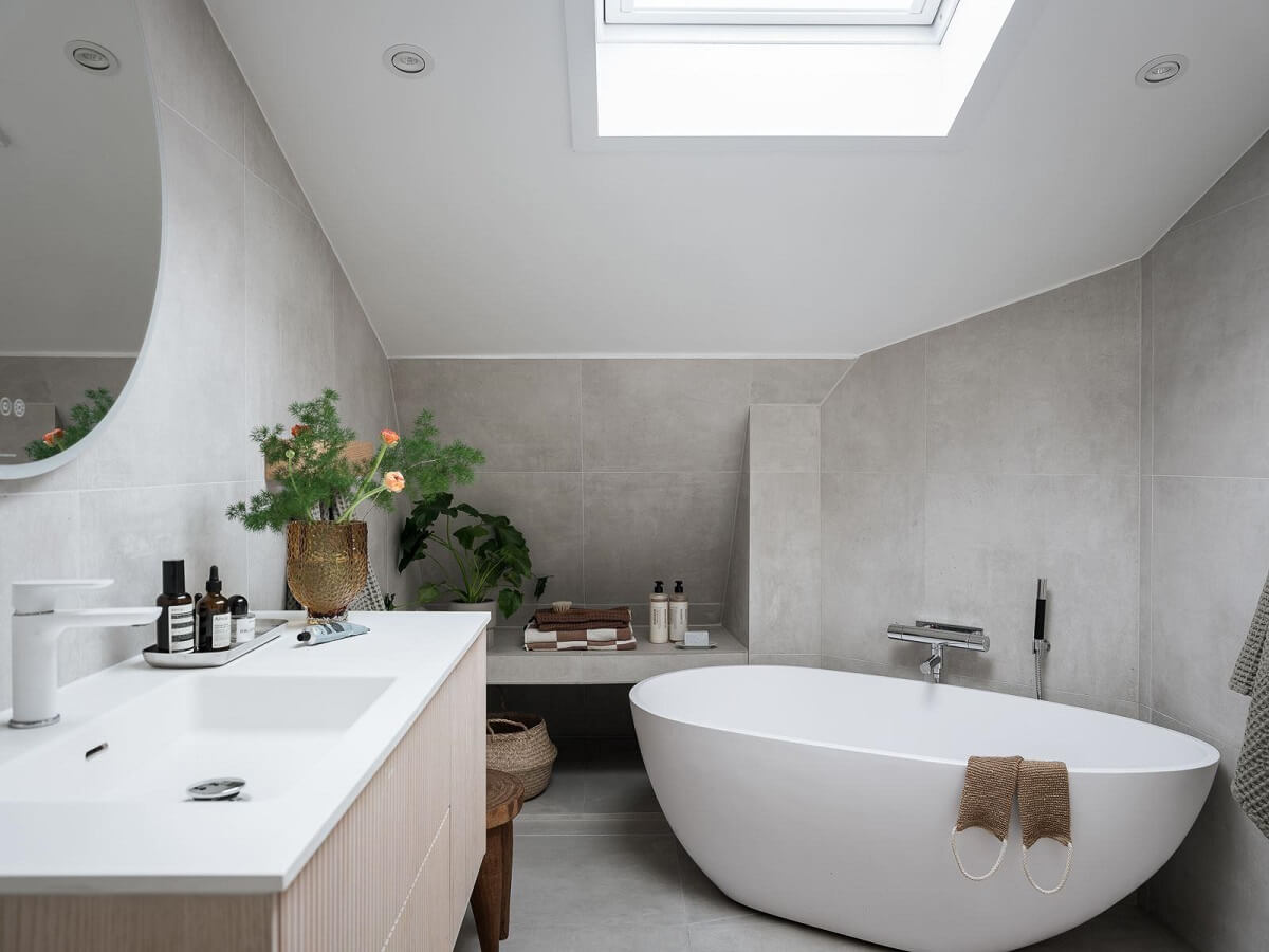 bathroom slanted ceiling skylight freestanding bath nordroom
