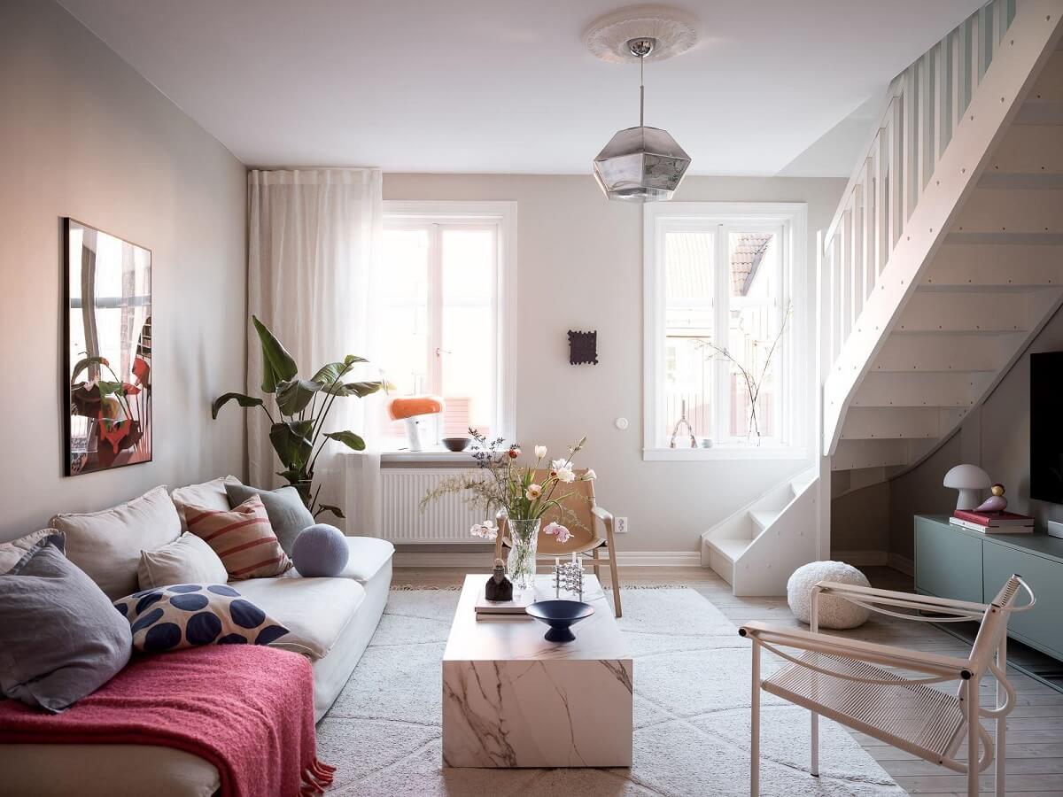 light scandinavian living room duplex apartment color accents nordroom