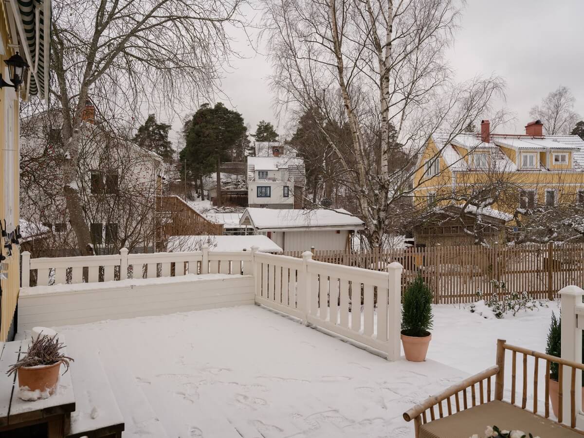 snow covered garden swedish family home countryside nordroom