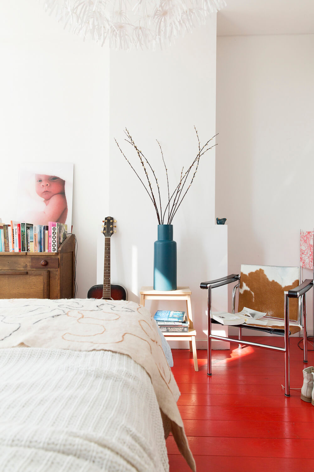 bedroom with red floor