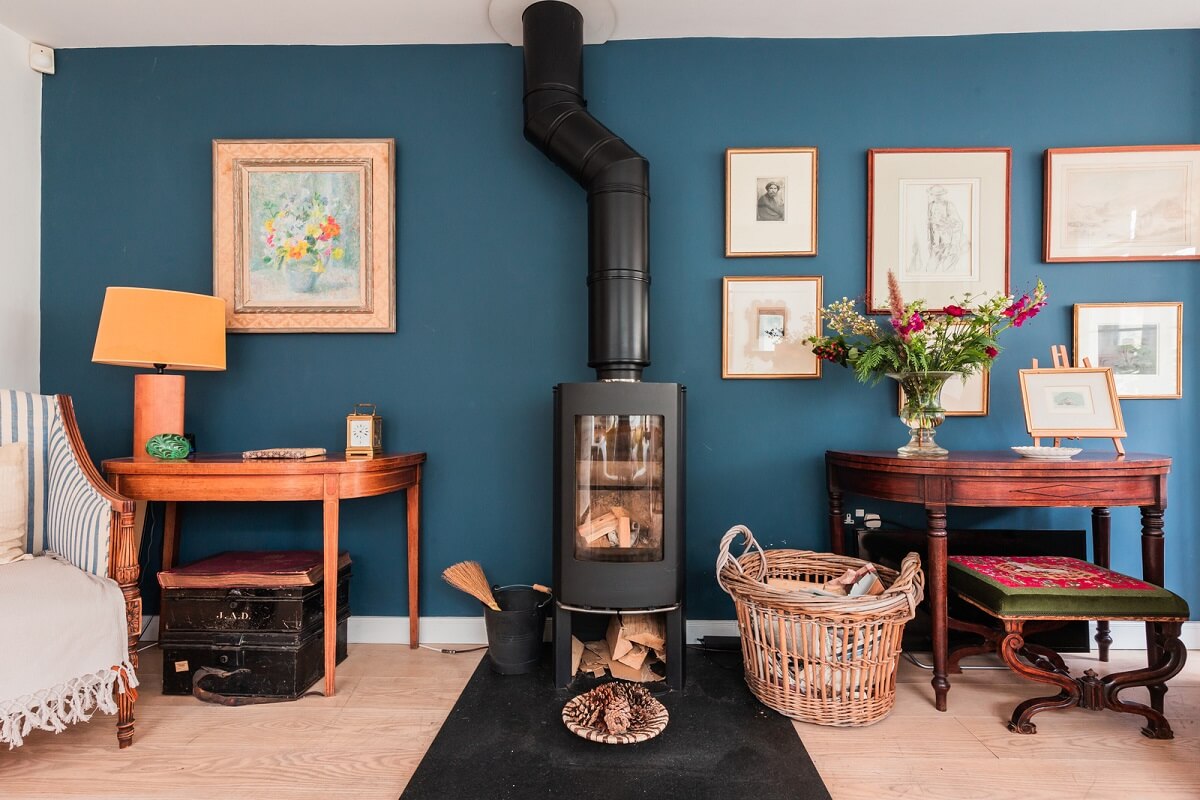 blue accent wall woodburner