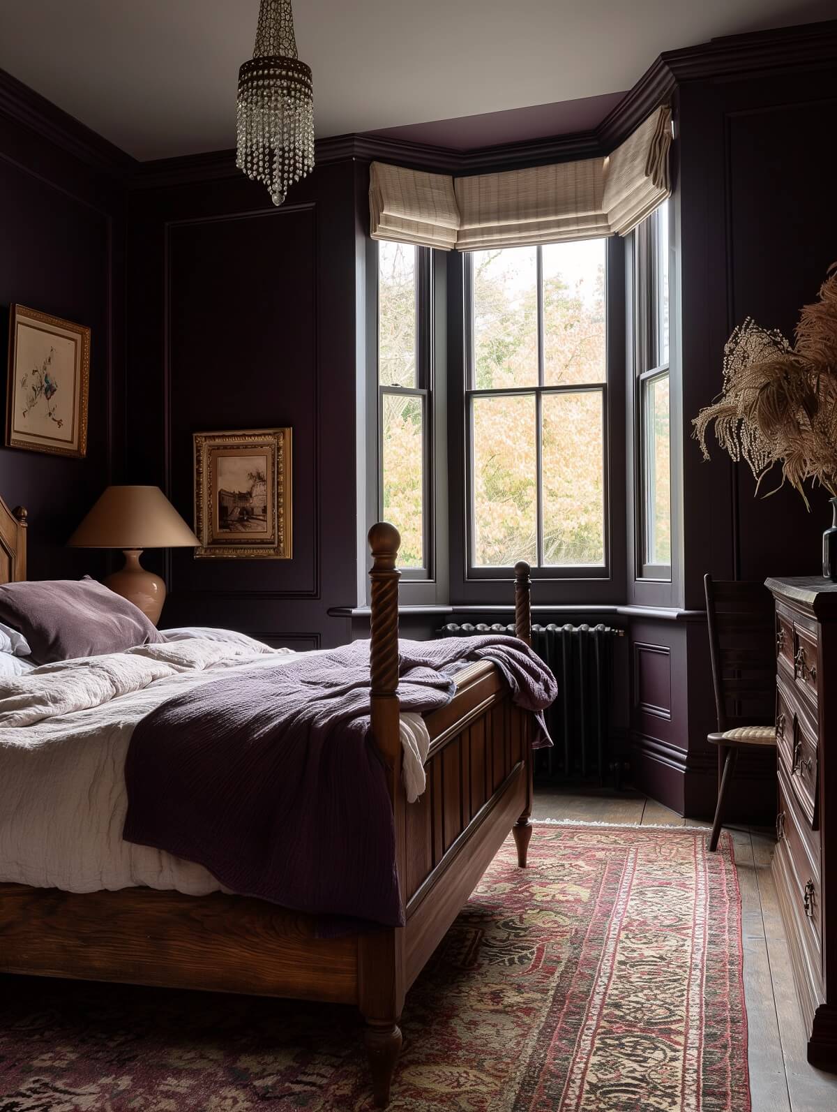 aubergine bedroom with bay window and antique bed