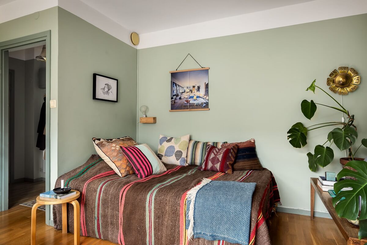 bed nook with earth colored bedding