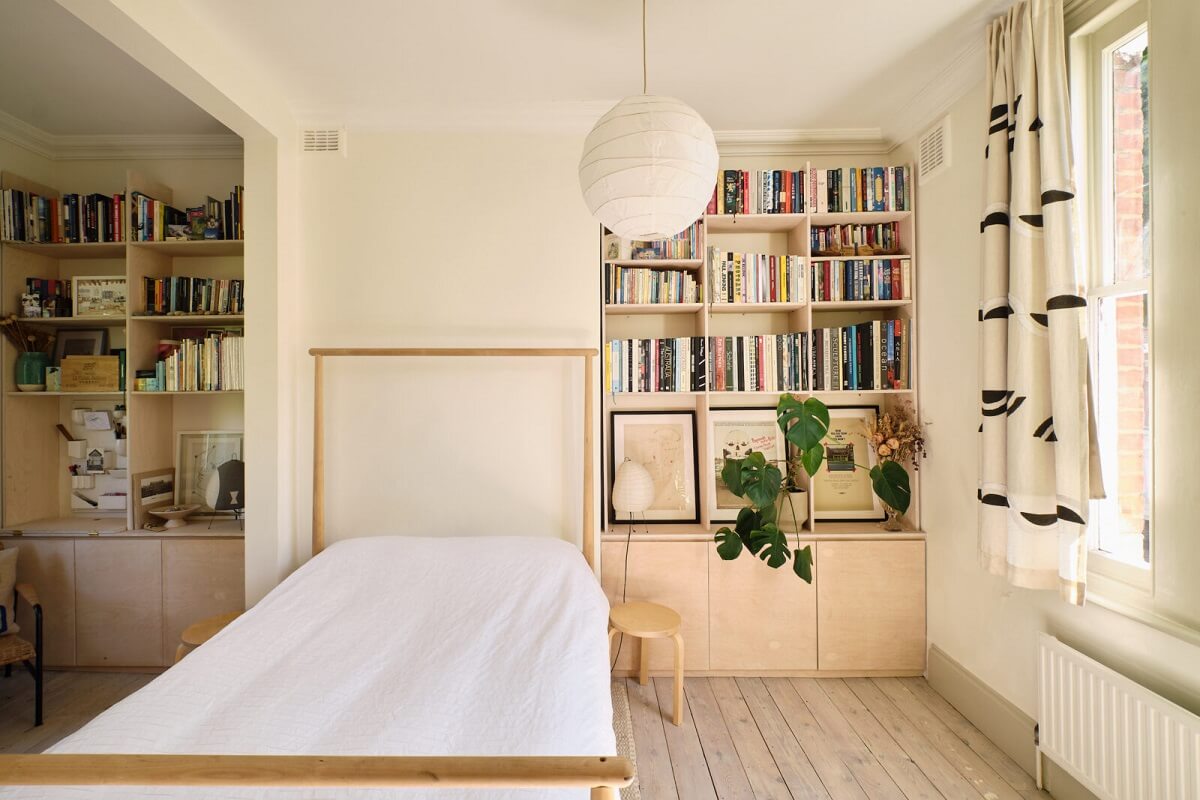 built in bookcases in bedroom with ikea bed