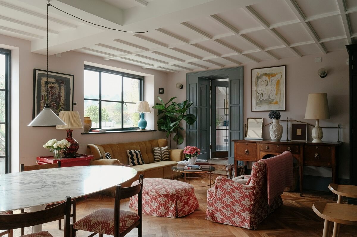 A Barn House with Vintage Decor and Exposed Beams