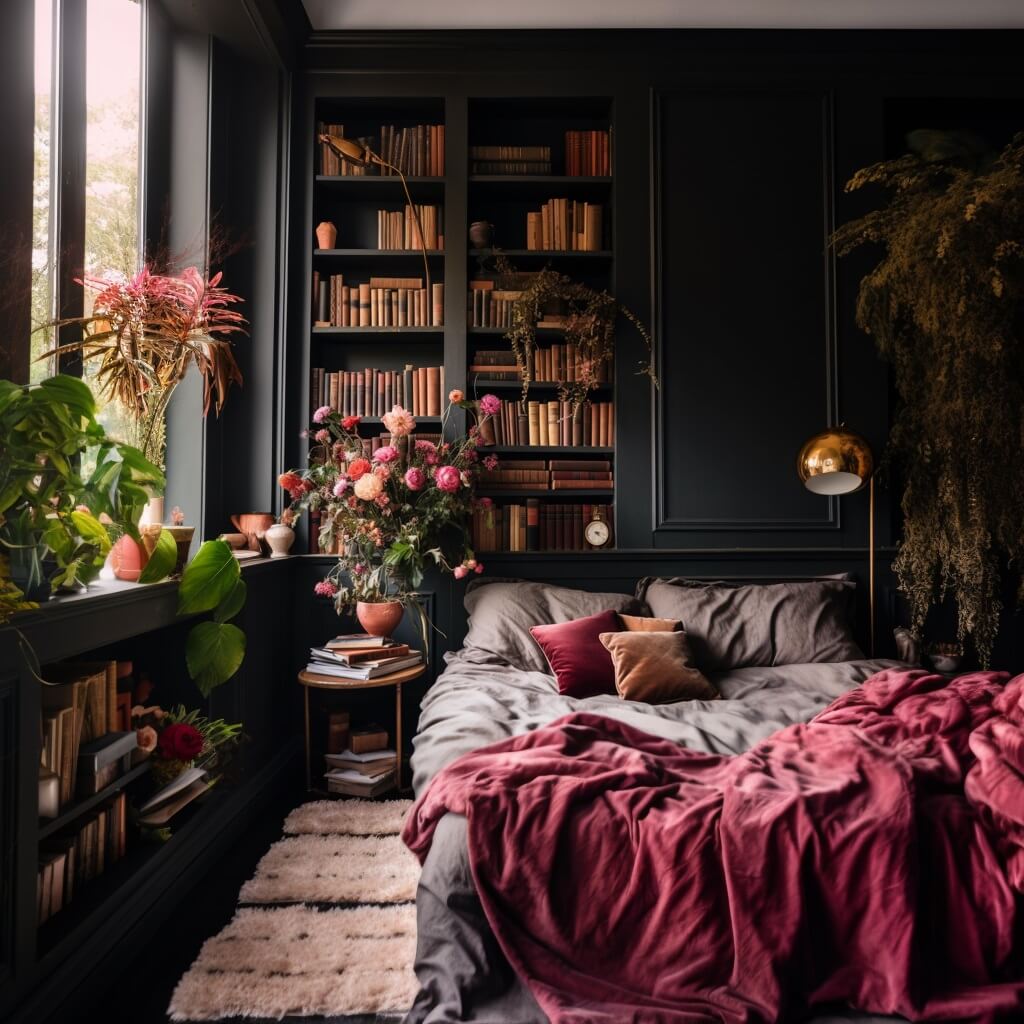 dark gray bedroom with pink textiles and bookshelves nordroom