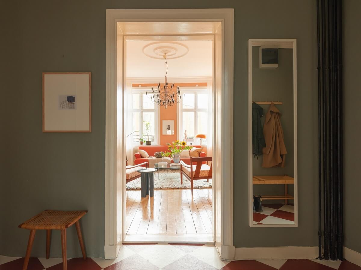 hallway with large mirror