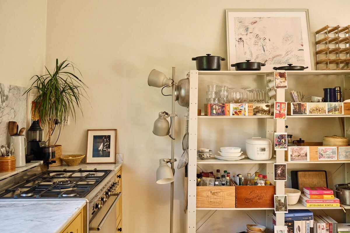 kitchen detail with open storage cabinet