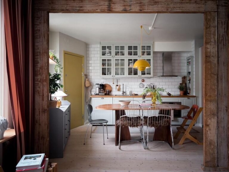 A Beautiful Color Palette in a Scandinavian Family Apartment - The Nordroom - Scandinavian Apartment Renovation With Exposed Beams