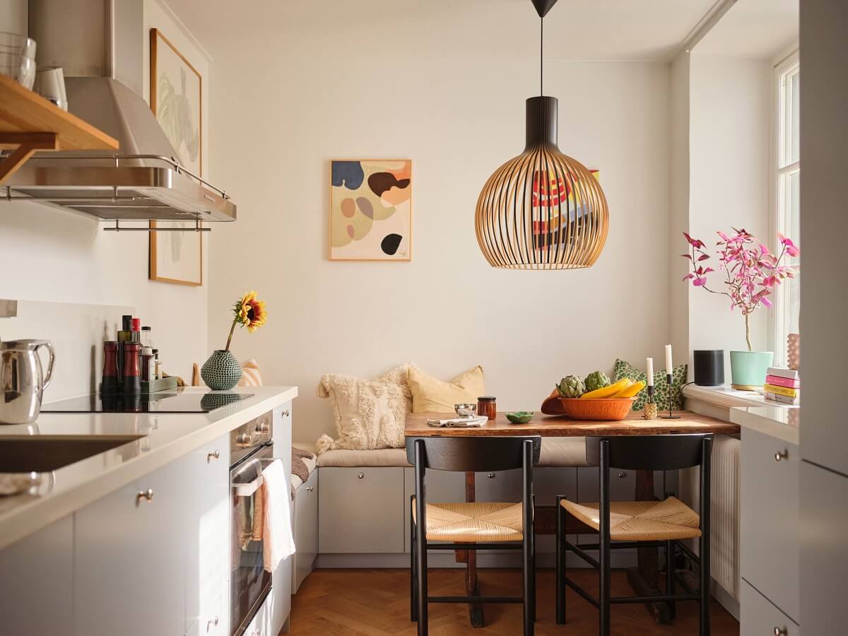 kitchen light gray cabinets and breakfast nook
