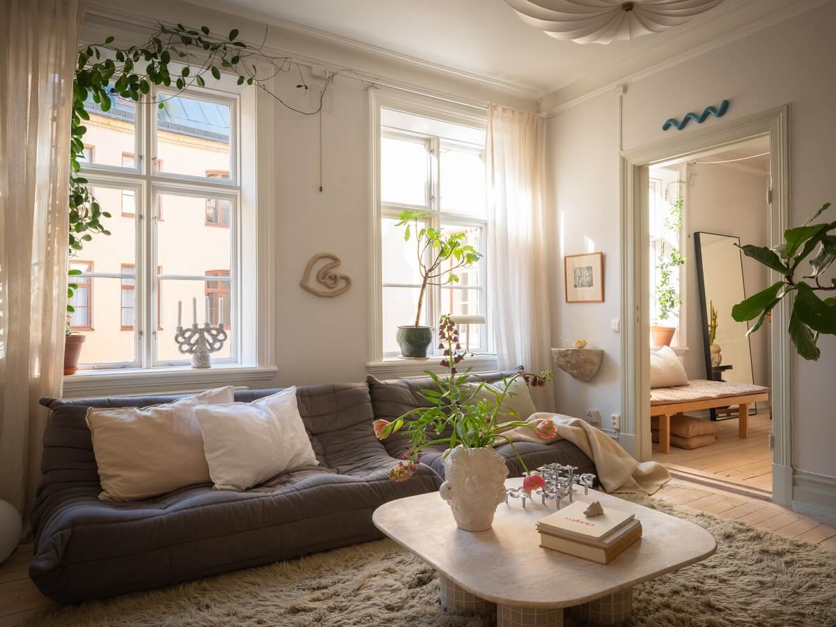 living room with ligne roset sofa