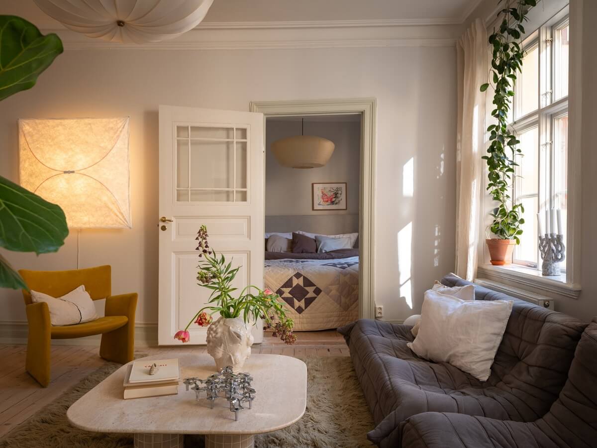 natural light in living room with ligne roset sofa