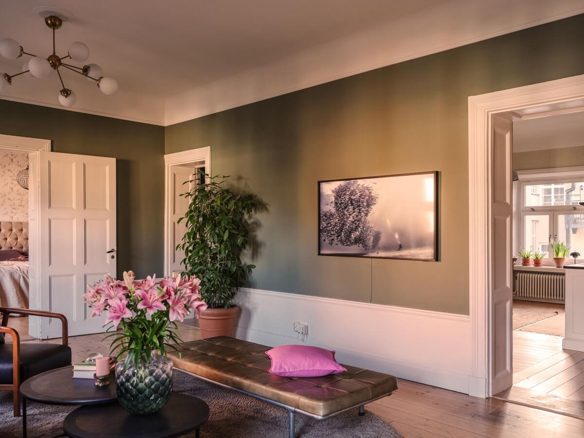 scandi living room with green walls