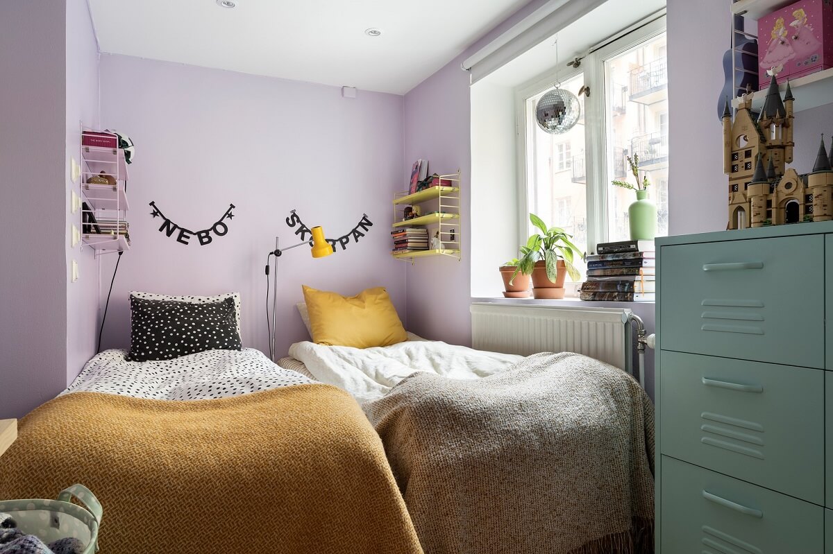 small double childrens bedroom with lavender walls nordroom