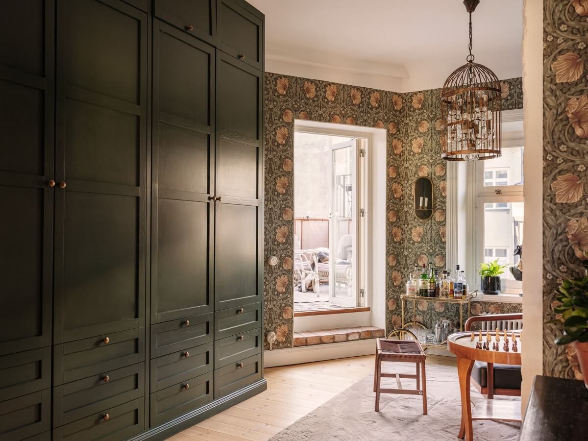 william morris wallpaper and floor to ceiling wardrobes