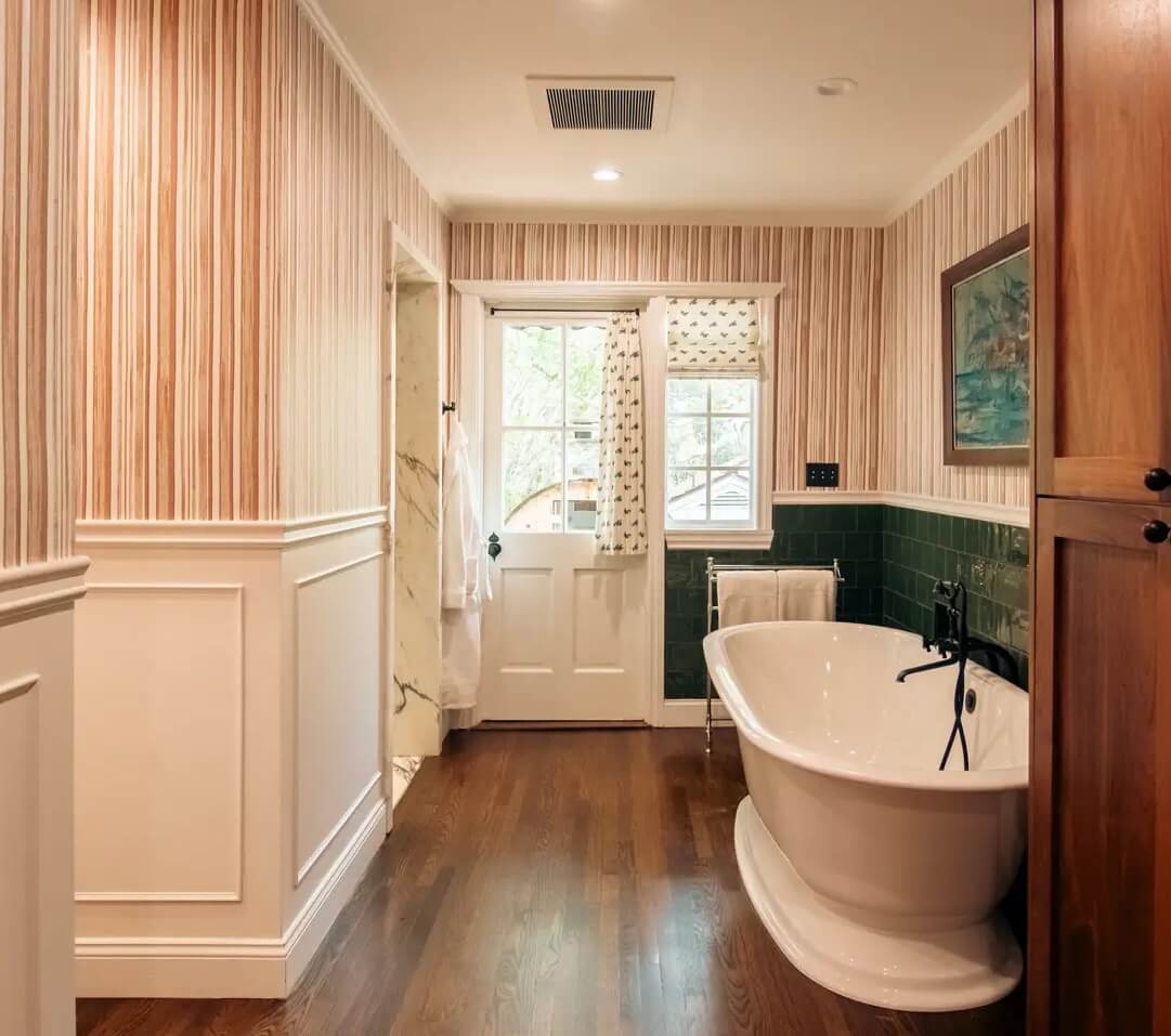 50 Bathroom Wallpaper Ideas Adding Color, Style, and Expression 42 bathroom with wallpaper and green tiles