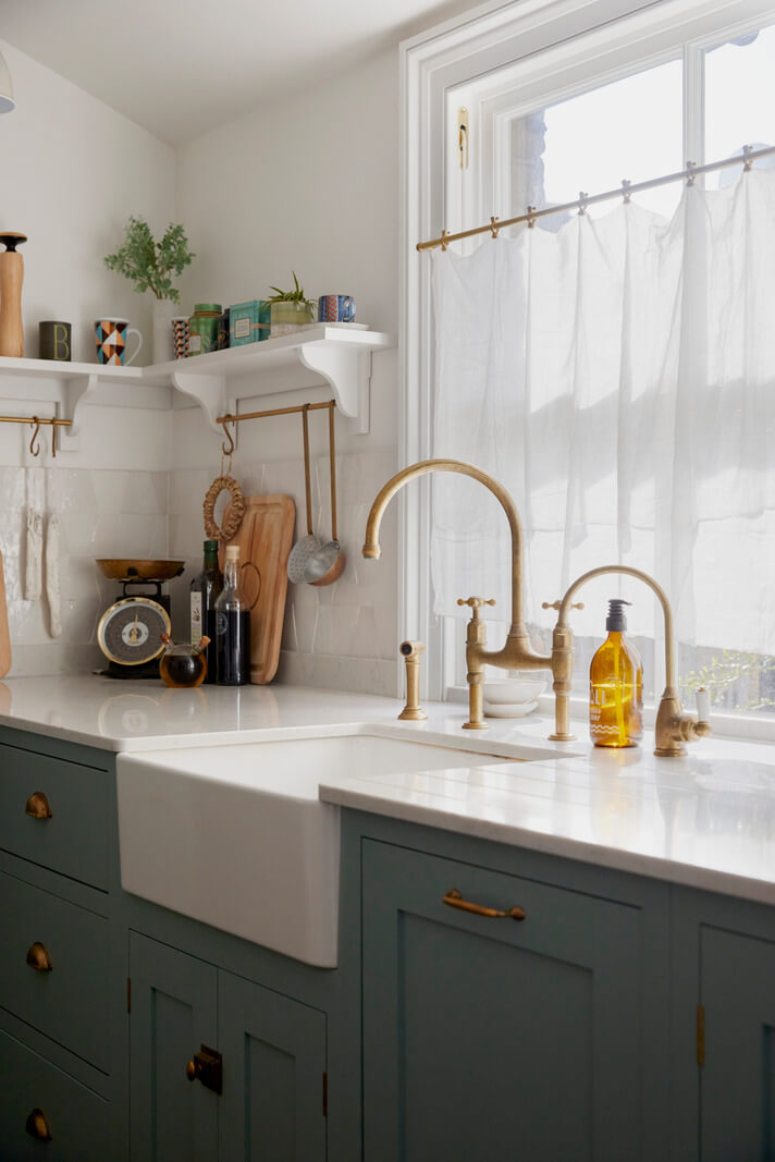 butler sink in light blue devol kitchen