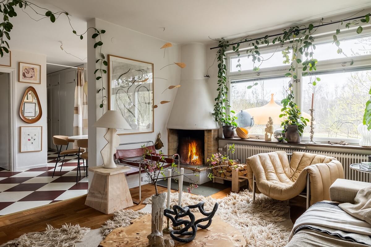 cozy natural living room with fireplace