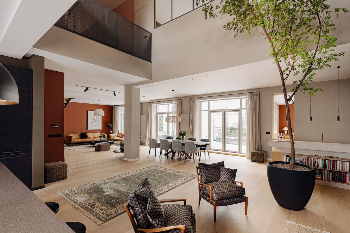 modern living space high ceilings