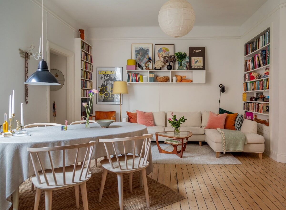 wooden floorboards living room with books