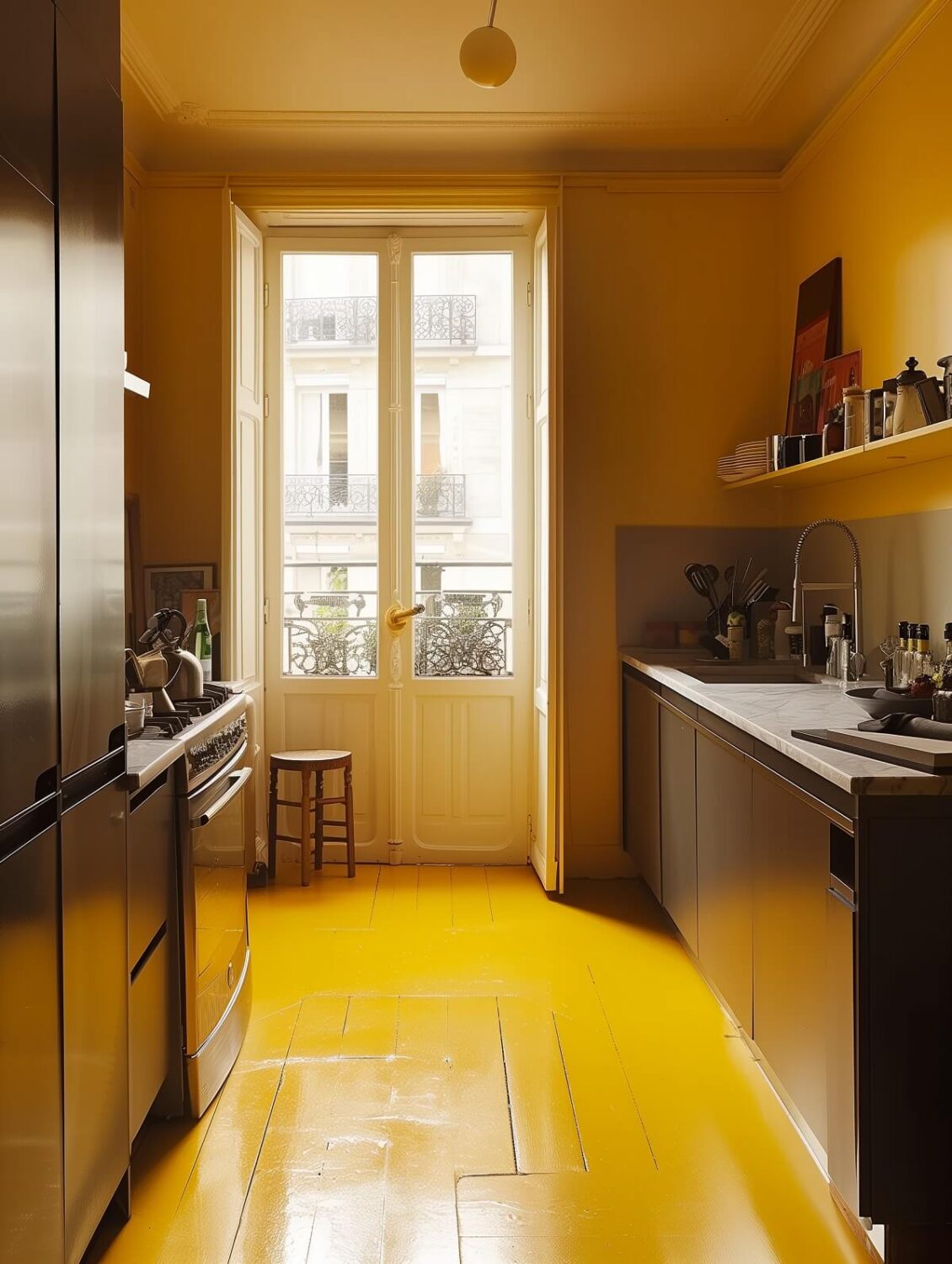 apartment kitchen with black cabinets and yellow floor and walls nordroom Yellow Kitchen Design Ideas (with Paint Colors)