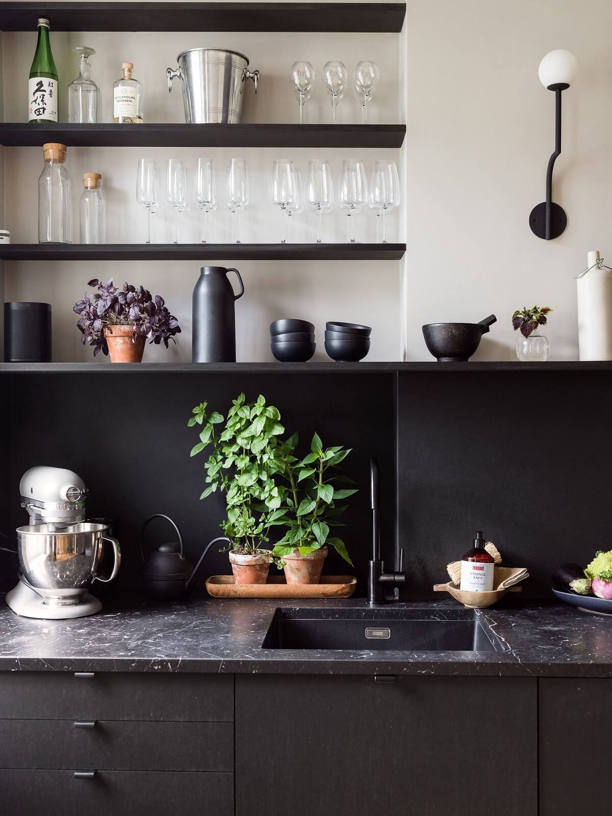 black kitchen with shelves and gray farrow and ball walls nordroom
