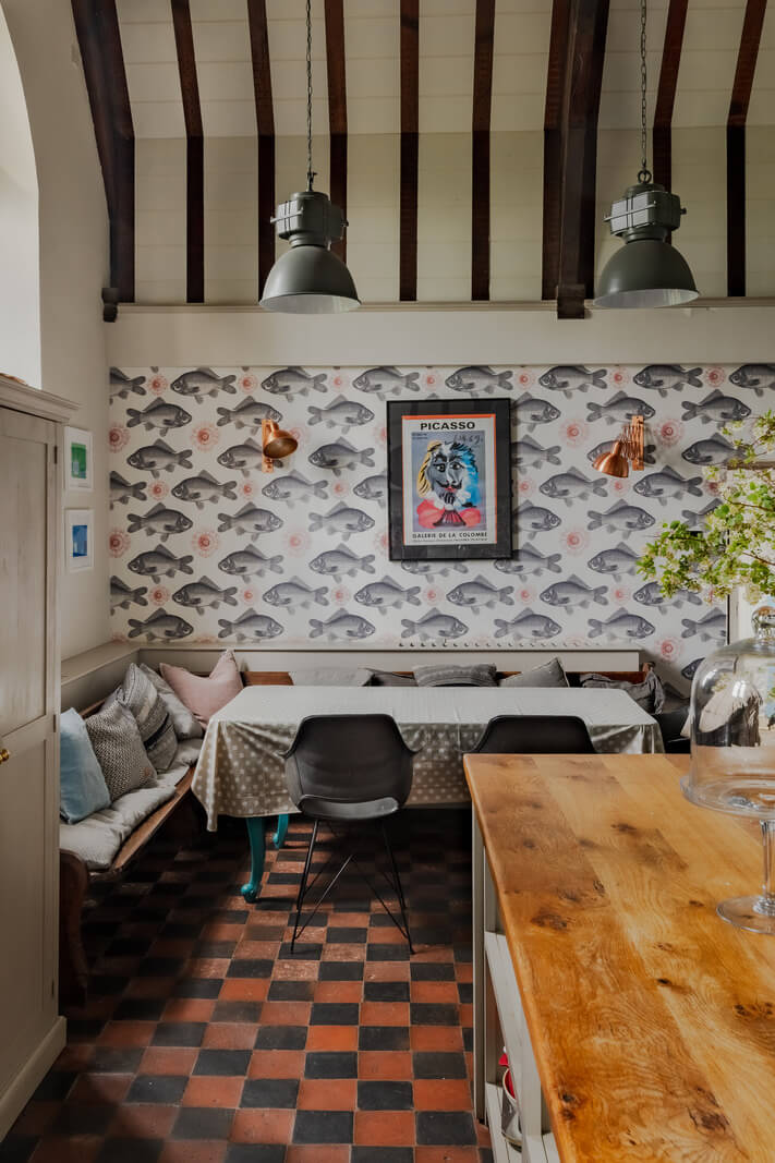 A Charming Gothic-Style Home with Original Details 8 checkerboard floor wallpaper and exposed ceiling beams in kitchen historic house nordroom
