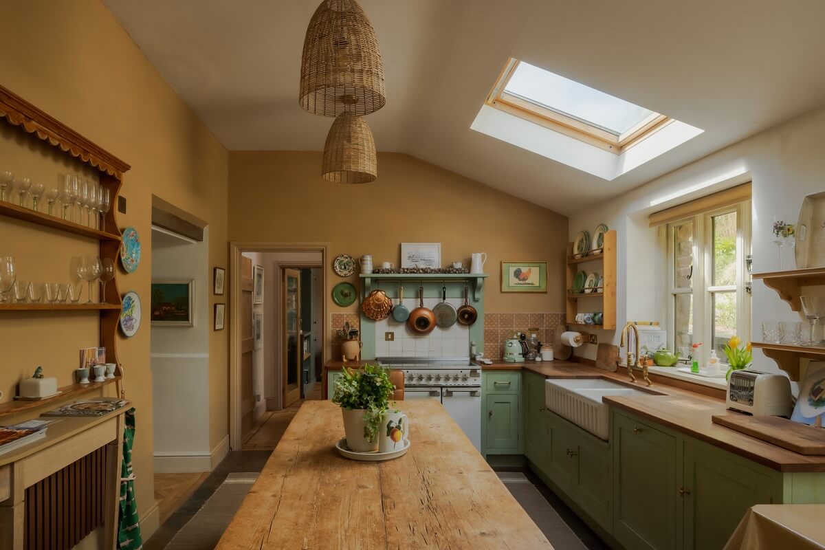 cottage kitchen with skylight and farmhouse table nordroom