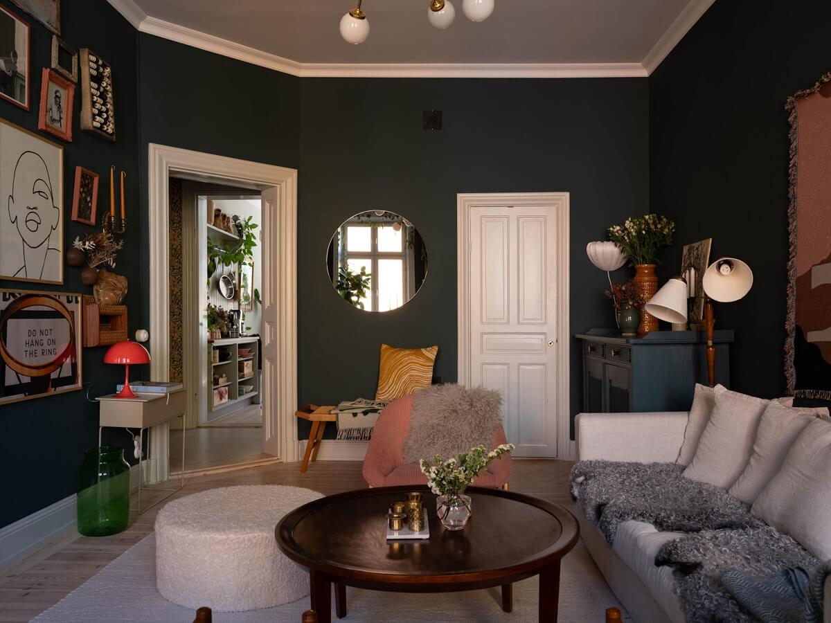 dark living room gallery wall