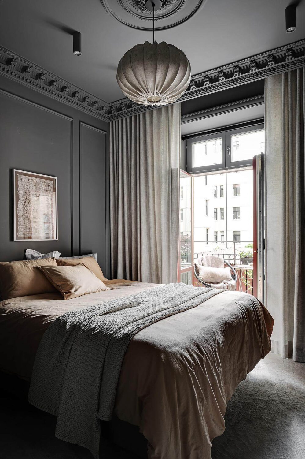 gray bedroom with historic features