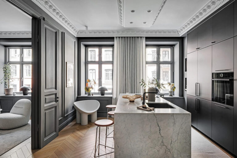 View of A Luxurious Renovated Apartment with Dark Gray Walls - The Nordroom