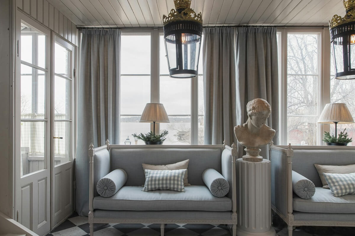 hall with benches luxurious summer house sweden nordroom