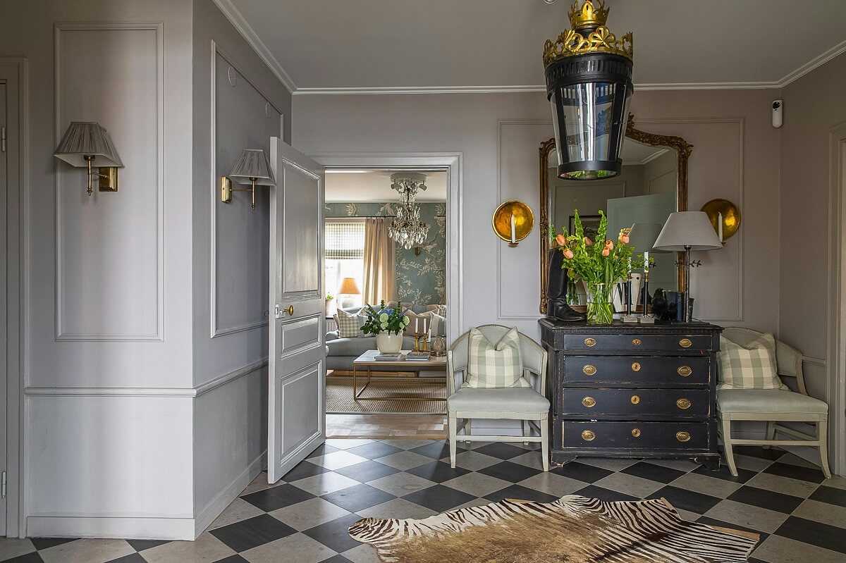 hall with checkerboard floor luxurious summer house sweden nordroom