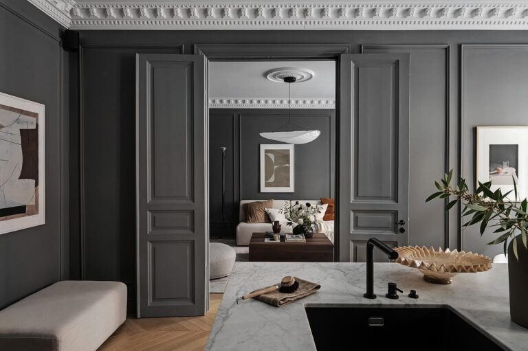 View of A Luxurious Renovated Apartment with Dark Gray Walls - The Nordroom