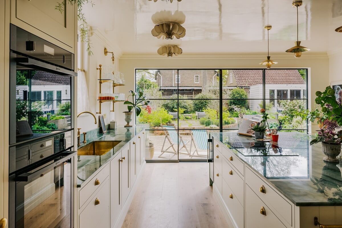 kitchen with island and large wndows