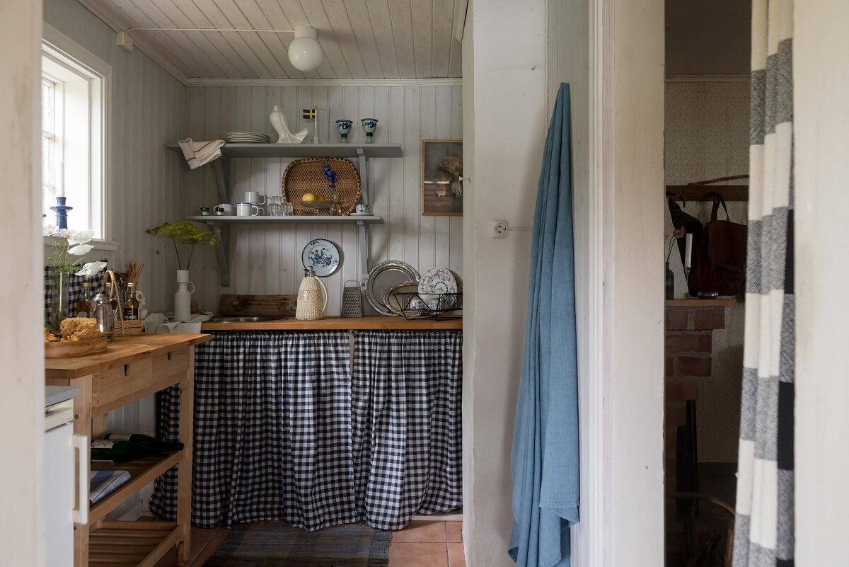 kitchen with shelves traditional wooden summer cottage sweden nordroom