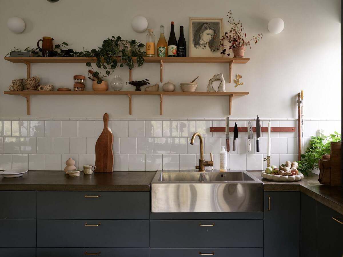 kitchen with wooden shelves and stainless steel sink nordroom