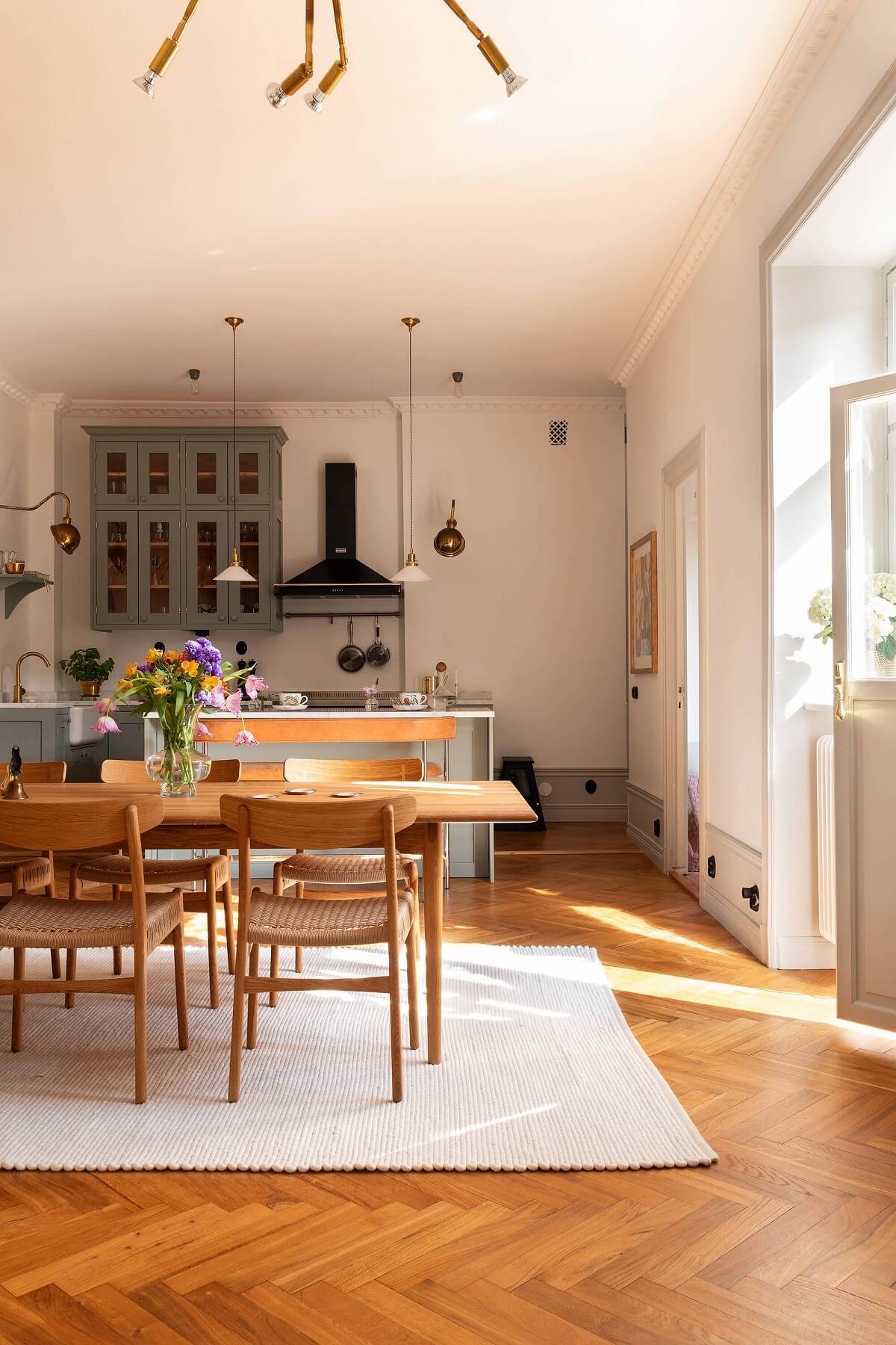 open plan kitchen dining room with herringbone floor nordroom