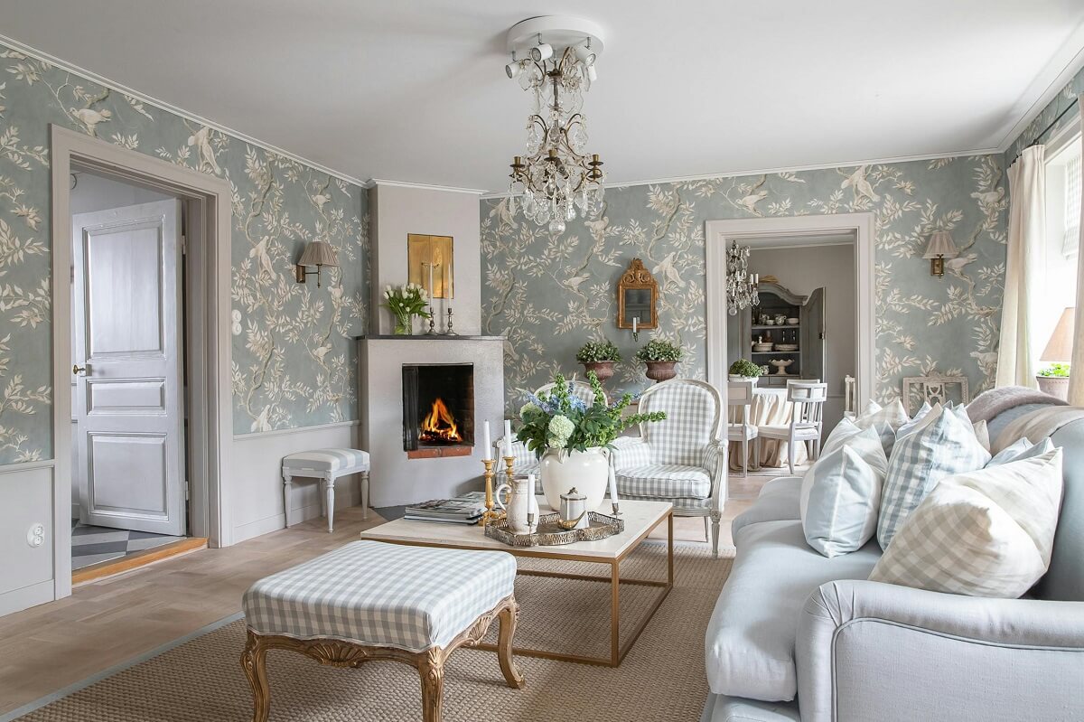 sitting room with wallpaper luxurious summer house sweden nordroom