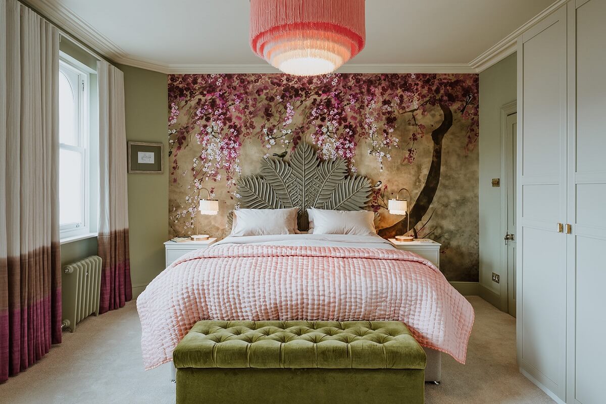 bedroom with floral mural