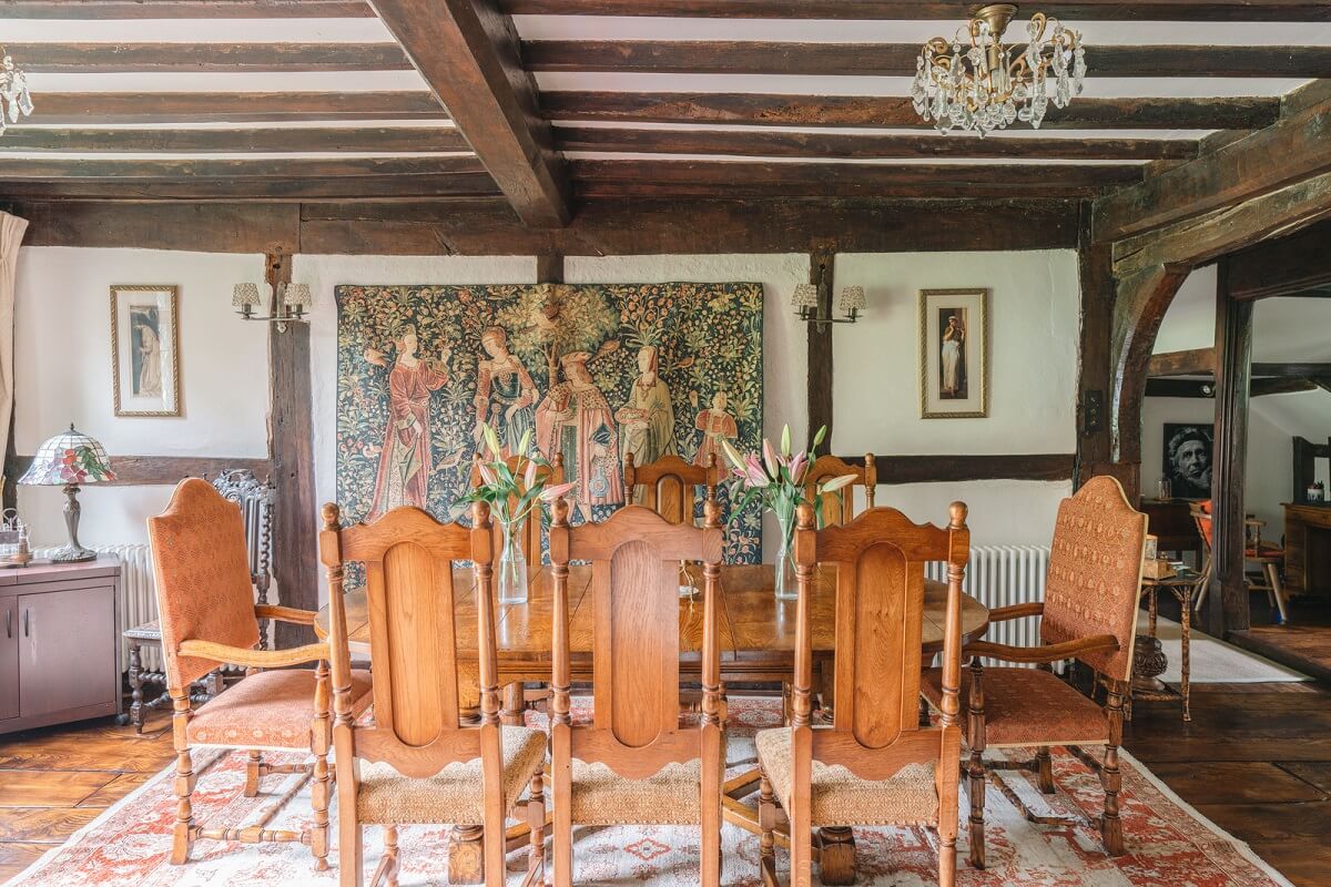 dining room with wooden ceiling